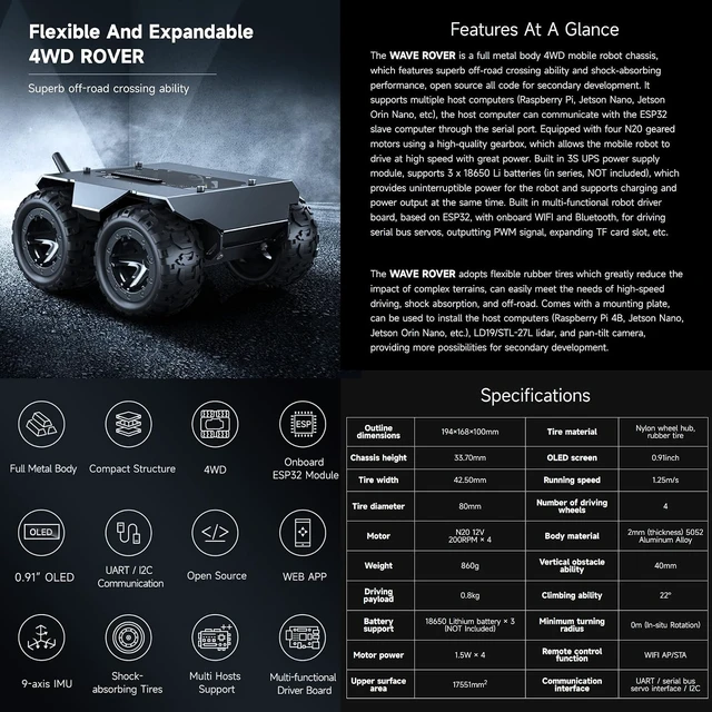 Alt view image 3 of 7 - waveshare Wave Rover Flexible and Expandable 4WD Mobile Robot Chassis, Full Metal Body, Multiple Hosts Support, with Onboard ESP32 Module
