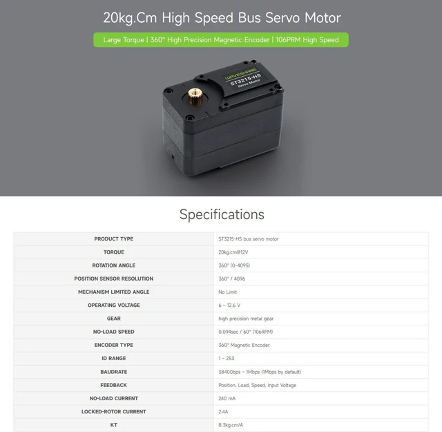 Alt view image 3 of 7 - Waveshare 20kg.Cm Bus Servo Motor, 106PRM High Speed, Large Torque, with 360 Degrees High Precision Magnetic Encoder, Two-Way Feedback, Servo/Motor Mode Switchable