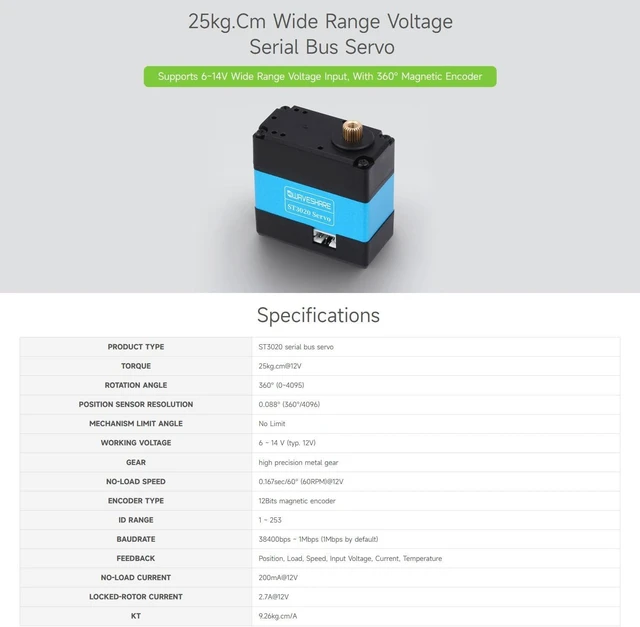 Alt view image 2 of 6 - Waveshare 25kg.Cm Wide Range Voltage Serial Bus Servo, High Precision and Large Torque, with Programmable 360 Degrees Magnetic Encoder, Two-Way Feedback, Servo/Motor Mode Switchable