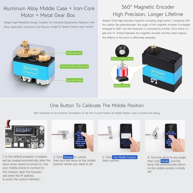 Alt view image 4 of 6 - Waveshare 25kg.Cm Wide Range Voltage Serial Bus Servo, High Precision and Large Torque, with Programmable 360 Degrees Magnetic Encoder, Two-Way Feedback, Servo/Motor Mode Switchable