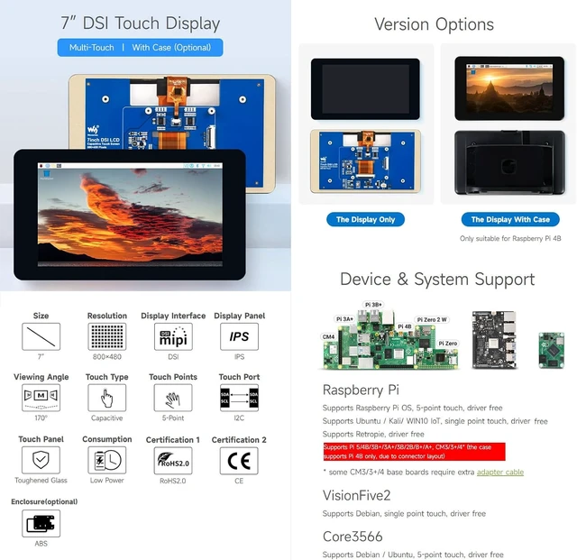 Alt view image 3 of 7 - Waveshare 7inch Capacitive Touch Display, 800×480, Supports Raspberry Pi 5/4B/3B+/3A+/3B/2B/B+/A+, CM3/3+/4, Without Case