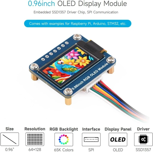 Alt view image 3 of 7 - Waveshare 0.96inch RGB OLED Display Module, Compatible with Raspberry Pi, 64×128 Resolution, 65K Colors, SPI Interface
