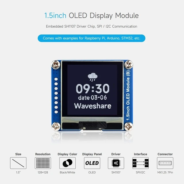 Alt view image 3 of 7 - Waveshare 1.5inch OLED Display Module, 128×128 Resolution, SPI / I2C Communication, Black/White Display Color