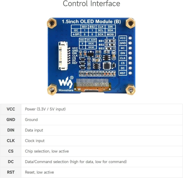 Alt view image 5 of 7 - Waveshare 1.5inch OLED Display Module, 128×128 Resolution, SPI / I2C Communication, Black/White Display Color