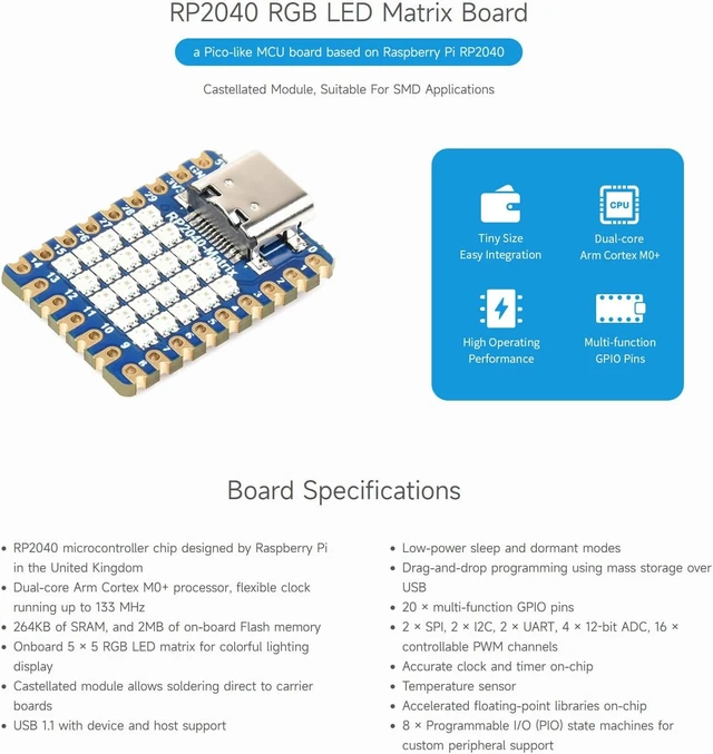 Alt view image 2 of 6 - Waveshare RP2040-Matrix Development Board, Onboard 5x5 RGB LED Matrix, Dual-Core RP2040 Processor, USB 1.1, I2C, GPIO, Infrared, Single-Board Computer