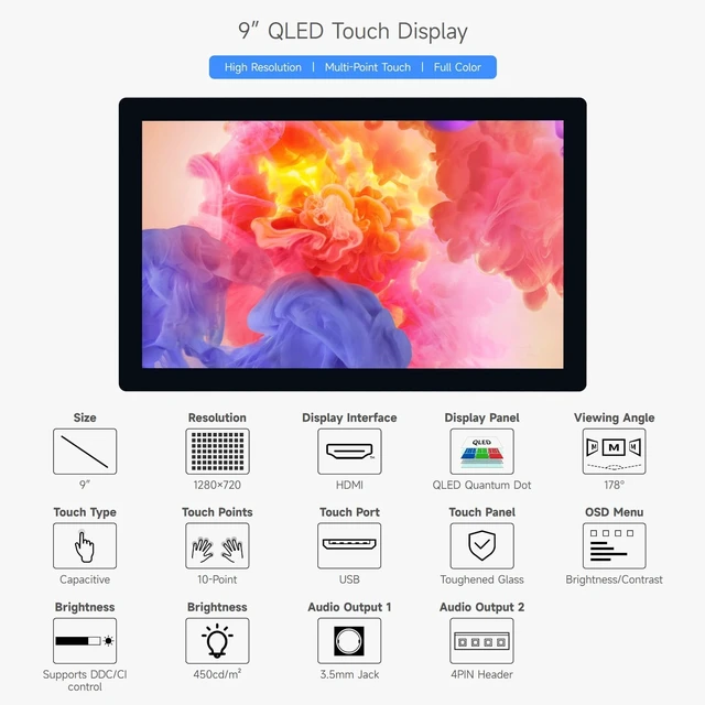 Alt view image 3 of 7 - waveshare 9inch QLED Quantum Dot Display, 1280×720, Compatible with Raspberry Pi 5/4B/3B/Zero/Zero W/Zero 2W/Pico/Pico W/Pico WH, Supports Windows 11/10/8.1/8/7