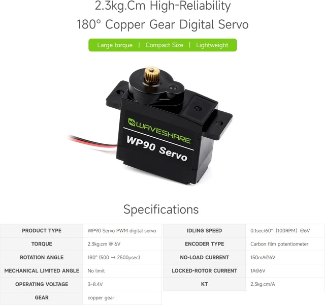 Alt view image 3 of 7 - Waveshare High-Reliability 180° Copper Gear Digital Servo, 2.3kg.Cm Large Torque, Compact Size & Lightweight