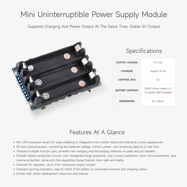 Alt view image 3 of 7 - Waveshare Mini Uninterruptible Power Supply Module, Supports Charging and Power Output at The Same Time, 5V 2.5A Output