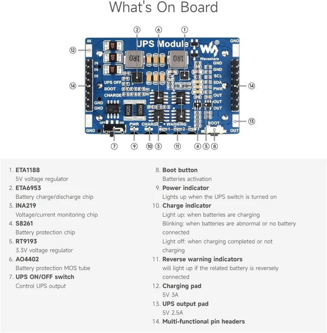 Alt view image 6 of 7 - Waveshare Mini Uninterruptible Power Supply Module, Supports Charging and Power Output at The Same Time, 5V 2.5A Output