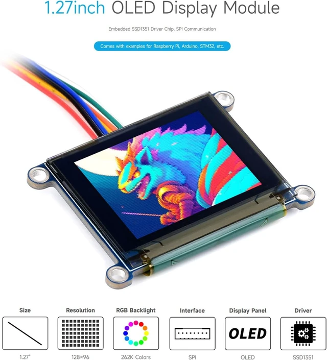 Alt view image 3 of 7 - Waveshare 1.27inch RGB OLED Display Module, 128×96 Resolution, 262K Colors, SPI Interface