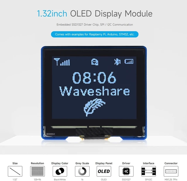 Alt view image 3 of 7 - Waveshare 1.32inch OLED Display Module, 128×96 Resolution, 16 Gray Scale, SPI / I2C Communication