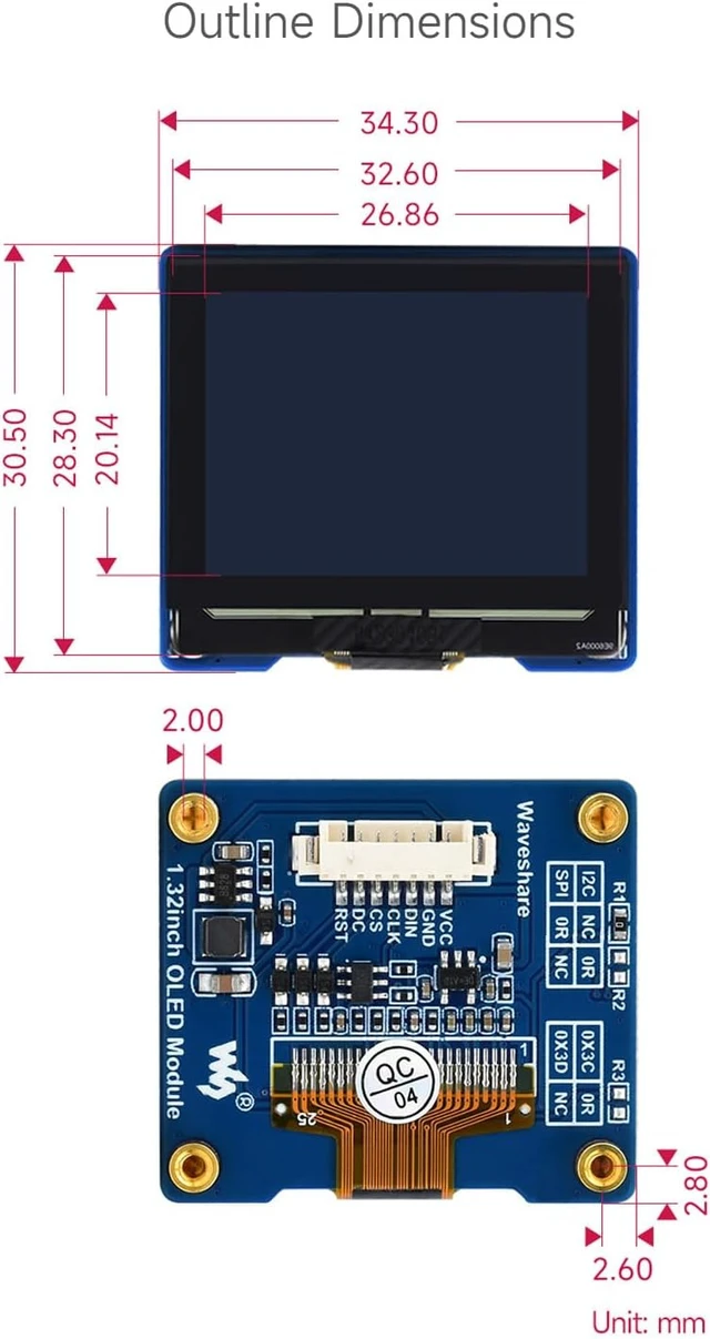 Alt view image 7 of 7 - Waveshare 1.32inch OLED Display Module, 128×96 Resolution, 16 Gray Scale, SPI / I2C Communication