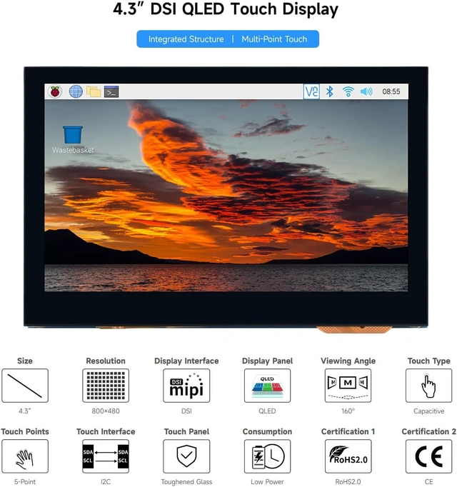 Alt view image 3 of 7 - waveshare 4.3inch QLED Display, Compatible with Raspberry Pi 5/4B/3B+/3A+/3B/2B/B+/A+/CM3/3+/4, DSI Interface, 800 × 480 Resolution, Integrated Structure,