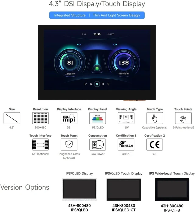Alt view image 3 of 7 - waveshare 4.3inch DSI Display, 800 × 480 Resolution, IPS Panel, Compatible with Raspberry Pi 4B/3B+/3A+/3B/2B/B+/A+/CM3/3+/4-IPS Wide-Bezel Touch Display