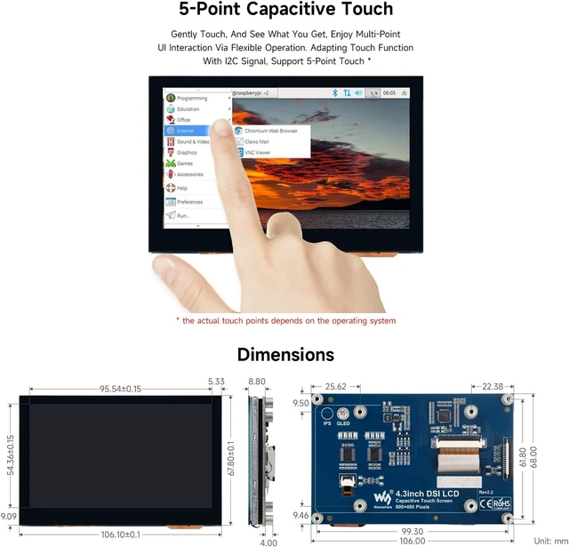 Alt view image 7 of 7 - waveshare 4.3inch QLED Display, Compatible with Raspberry Pi 5/4B/3B+/3A+/3B/2B/B+/A+/CM3/3+/4, DSI Interface, 800 × 480 Resolution, Integrated Structure,