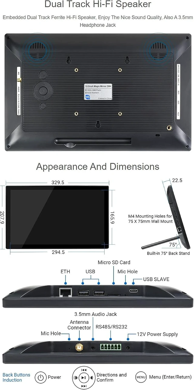 Alt view image 7 of 7 - waveshare 13.3inch Magic Mirror Mini-Computer Powered by Raspberry Pi CM4 13.3inch HD Touch Screen with USB/ETH Ports with Powerful Raspberry Pi CM4101000 Inside