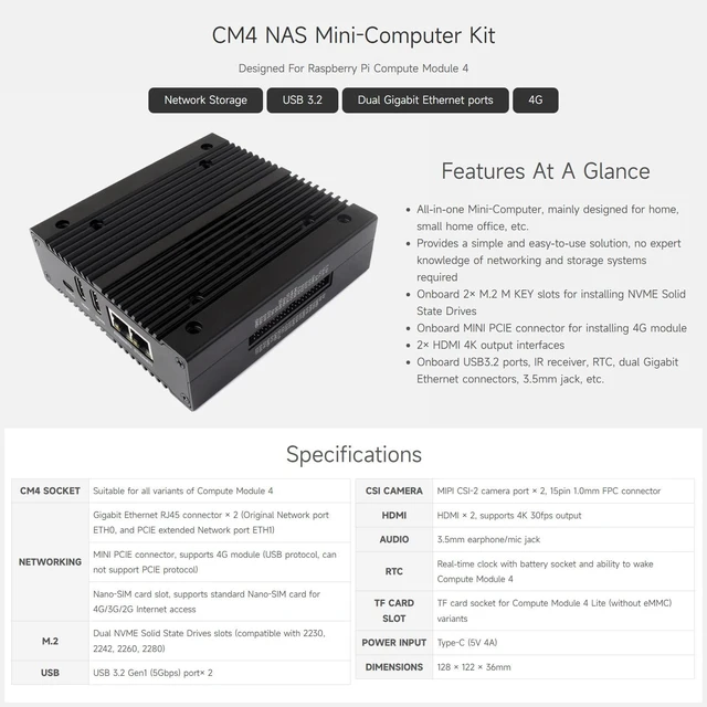 Alt view image 3 of 7 - waveshare NAS Multi-Functional Mini-Computer Designed for Raspberry Pi Compute Module 4 (NOT Included), Network Storage, 4G Network, Metal Case