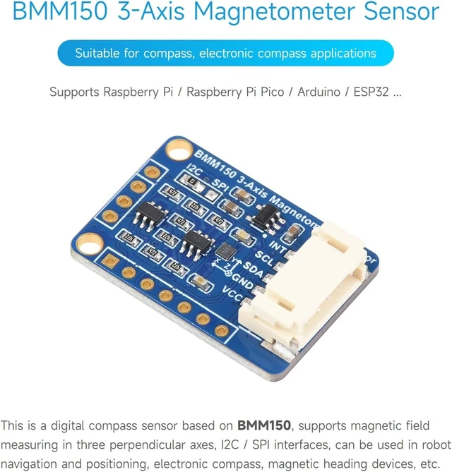 Alt view image 4 of 7 - Waveshare BMM150 3-Axis Magnetometer Sensor, Compatible with Raspberry Pi 5/4B/3B/Zero/Zero W/Zero 2W/Pico/Pico W/Pico WH, Digital Compass Sensor, Magnetic Field Measurement