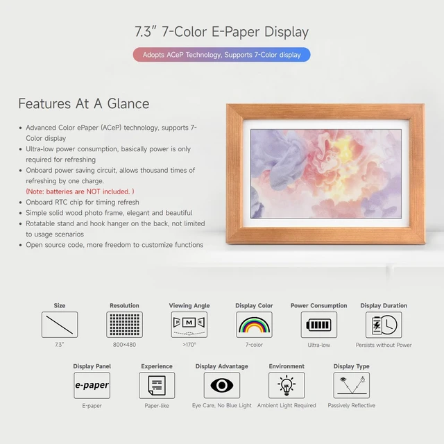 Alt view image 3 of 7 - Waveshare 7.3inch ACeP 7-Color E-Paper with Solid Wood Photo Frame, Ultra-Long Standby, 800 × 480 Resolution, Batteries are Not Included