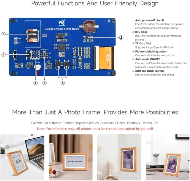 Alt view image 6 of 7 - Waveshare 7.3inch ACeP 7-Color E-Paper with Solid Wood Photo Frame, Ultra-Long Standby, 800 × 480 Resolution, Batteries are Not Included