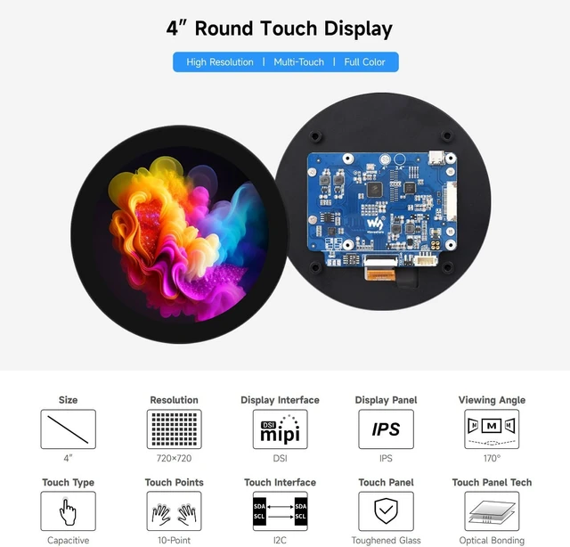 Alt view image 3 of 7 - waveshare 4inch DSI Round Touch Display, 720 × 720 Resolution, IPS, 10-Point Touch, Compatible with Raspberry Pi 5/4B/3B+/3A+, CM3/3+/4, 170° Wide Viewing Angle