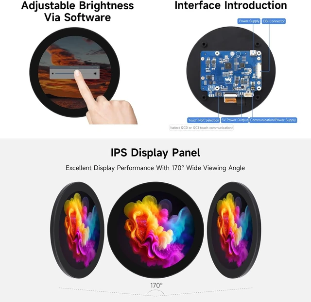 Alt view image 5 of 7 - waveshare 4inch DSI Round Touch Display, 720 × 720 Resolution, IPS, 10-Point Touch, Compatible with Raspberry Pi 5/4B/3B+/3A+, CM3/3+/4, 170° Wide Viewing Angle