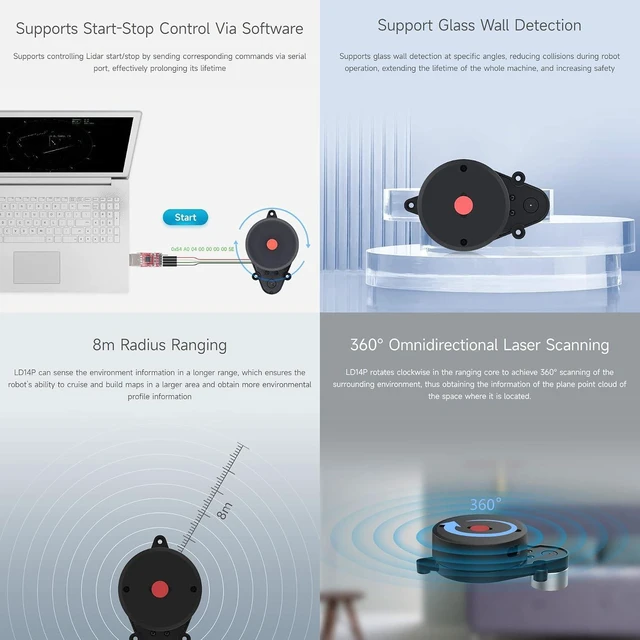Alt view image 5 of 7 - Waveshare 360° Omni-Directional Triangulation Lidar, 8m Radius Ranging, Software Start-Stop Control, Robot Positioning Lidar, UART Communication, D200 Developer Kit with LD14P Lidar