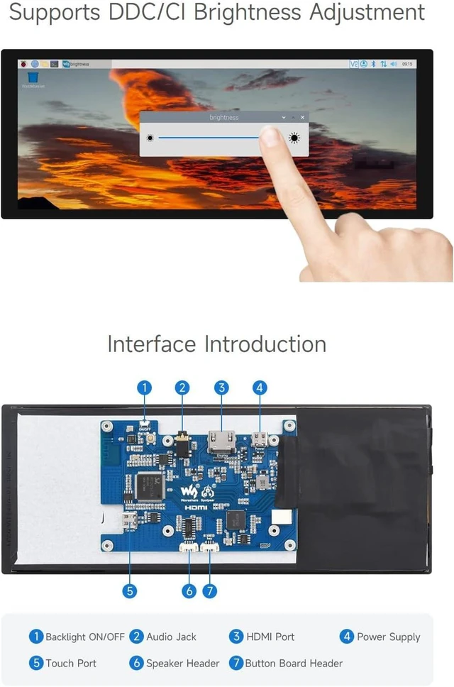Alt view image 6 of 7 - waveshare 9.3inch Capacitive Touch Display, 1600×600 Resolution, Raspberry Pi 5/4B/3B/Zero/Zero W/Zero 2W/Pico/Pico W/Pico WH, Support Jetson Nano/Jetson Orin Nano, Supports Windows 11/10/8.1/8/7