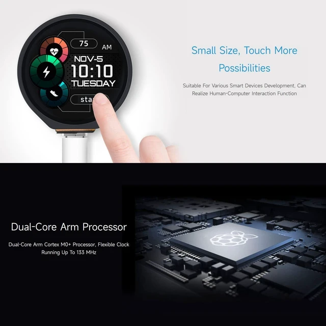Alt view image 4 of 7 - Waveshare RP2040 Microcontroller Development Board, with 1.28inch Round Touch LCD, Compact Size, Accelerometer and Gyroscope Sensor