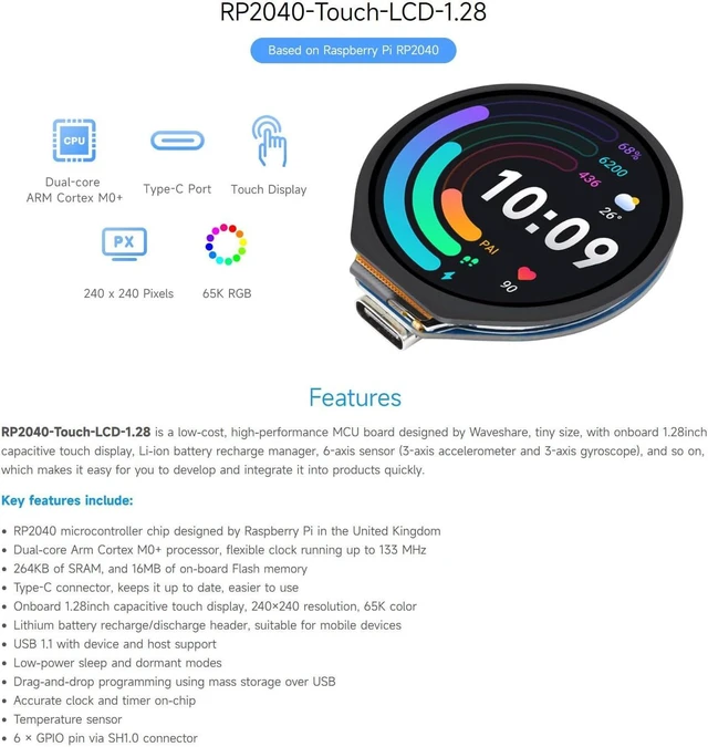 Alt view image 3 of 7 - Waveshare RP2040 Microcontroller Development Board, with 1.28inch Round Touch LCD, Compact Size, Accelerometer and Gyroscope Sensor