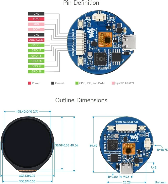 Alt view image 7 of 7 - Waveshare RP2040 Microcontroller Development Board, with 1.28inch Round Touch LCD, Compact Size, Accelerometer and Gyroscope Sensor
