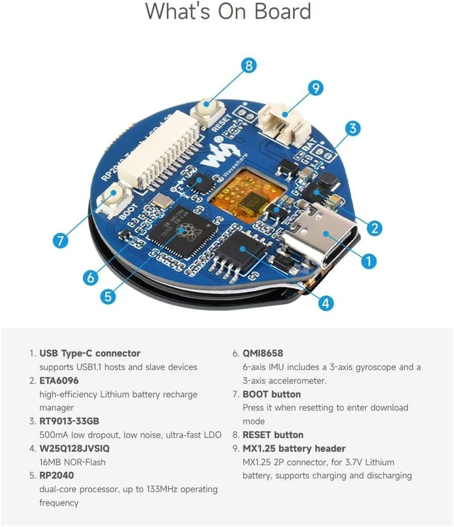 Alt view image 5 of 7 - Waveshare RP2040 Microcontroller Development Board, with 1.28inch Round Touch LCD, Compact Size, Accelerometer and Gyroscope Sensor
