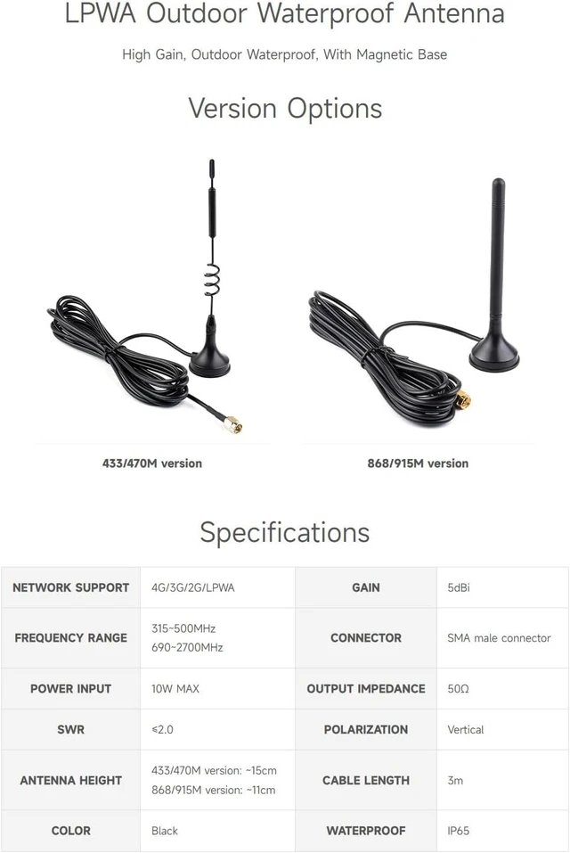 Alt view image 2 of 5 - Waveshare LPWA Outdoor Waterproof Antenna, 5dBi High Gain with Magnetic Base, LoRa Antenna, 4G/3G/2G/LPWA Support,433/470M Version