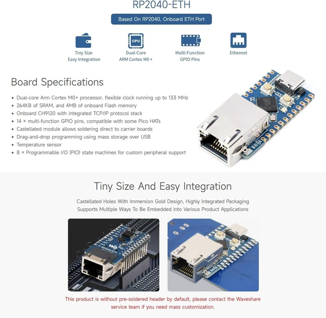 Alt view image 3 of 7 - Waveshare RP2040-ETH Mini Development Board, RP2040 Ethernet Port Module, Raspberry Pi Microcontroller Development Board, Based On Official RP2040 Dual Core Processor