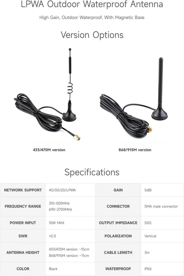 Alt view image 2 of 5 - Waveshare LPWA Outdoor Waterproof Antenna, 5dBi High Gain with Magnetic Base, LoRa Antenna, 4G/3G/2G/LPWA Support,868/915M Version