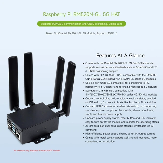 Alt view image 3 of 7 - Waveshare RM520N-GL 5G HAT with Case Compatible with Raspberry Pi, Quad Antennas LTE-A, Global Band, GNSS Positioning, Support 3GPP 16, 4G/3G