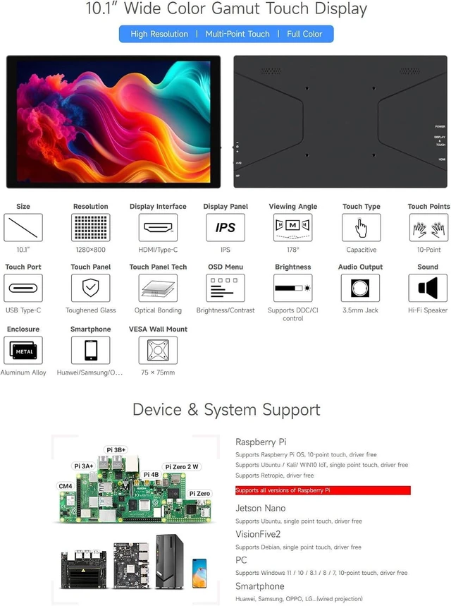 Alt view image 3 of 7 - waveshare 10.1inch Capacitive Touch Display, 1280×800 Resolution, Compatible with Raspberry Pi 5/4B/3B/Zero/Zero W/Zero 2W/Pico/Pico W/Pico WH, Support Jetson Nano, VisionFive2, PC and Smartphone