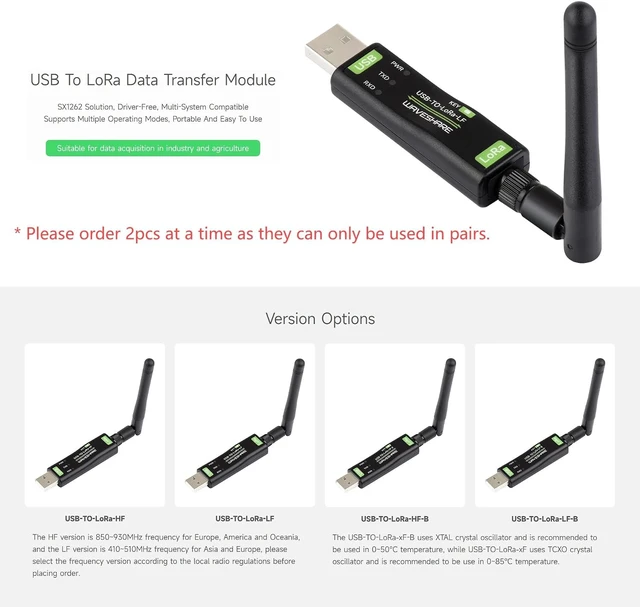 Alt view image 3 of 7 - Waveshare USB to LoRa Data Transfer Module, Based On SX1262, Suitable for Data Acquisition in Industry and Agriculture-XTAL Crystal oscillator