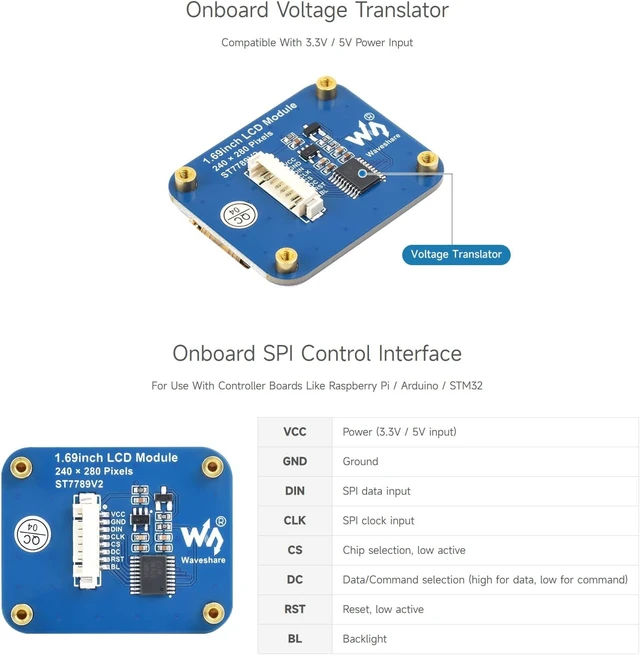 Alt view image 4 of 7 - Waveshare 1.69inch LCD Display Module, Compatible with Arduino/Raspberry Pi/Pi Zero/ESP32, 240×280 Resolution, SPI Interface, IPS, 262K Colors
