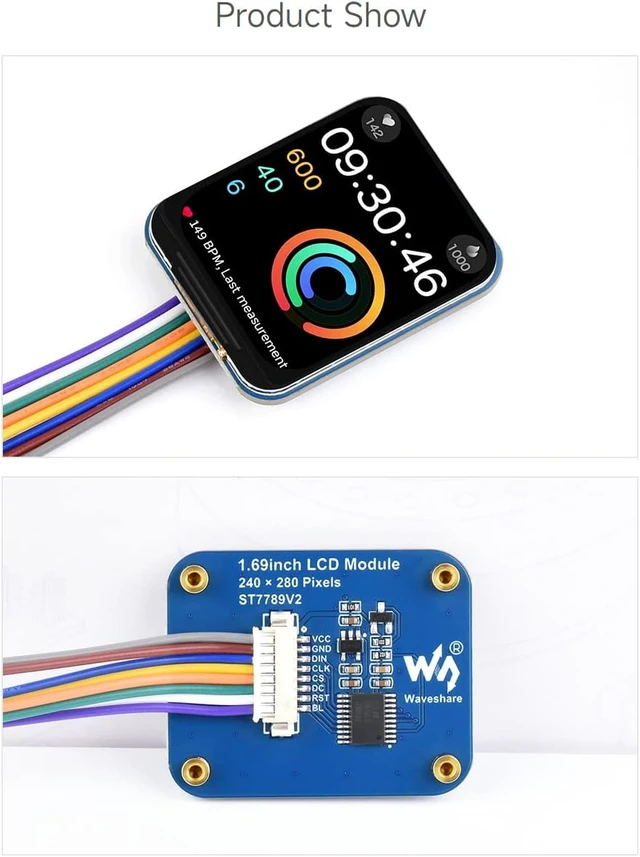 Alt view image 6 of 7 - Waveshare 1.69inch LCD Display Module, Compatible with Arduino/Raspberry Pi/Pi Zero/ESP32, 240×280 Resolution, SPI Interface, IPS, 262K Colors