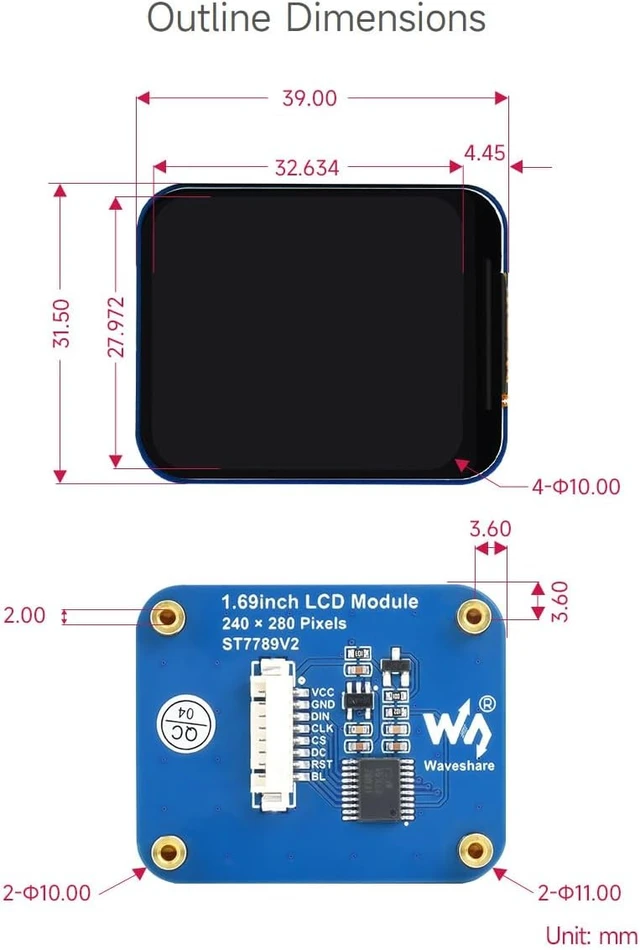 Alt view image 7 of 7 - Waveshare 1.69inch LCD Display Module, Compatible with Arduino/Raspberry Pi/Pi Zero/ESP32, 240×280 Resolution, SPI Interface, IPS, 262K Colors