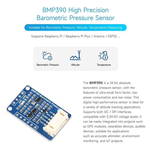 Alt view image 3 of 7 - Waveshare BMP390 High Precision Barometric Pressure Sensor, Barometric Pressure/Altitude/Temperature Measuring
