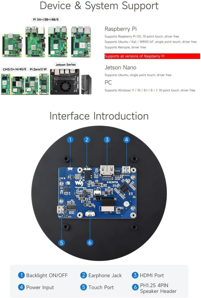 Alt view image 4 of 7 - waveshare 5inch HDMI Round Touch Display, 1080 × 1080 Resolution, IPS, 10-Point Touch, Compatible with Raspberry Pi 5/4B/3B/Zero/Zero W/Zero 2W/Pico/Pico W/Pico WH