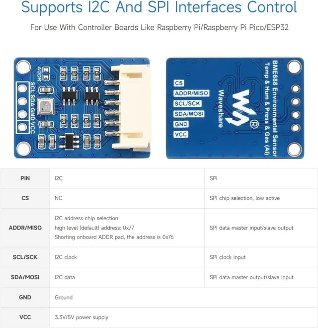 Alt view image 6 of 7 - Waveshare BME680 Environmental Sensor, Compatible with Raspberry Pi 5/4B/3B/Zero/Zero W/Zero 2W/Pico/Pico W/Pico WH, Supports Temperature/Humidity/Barometric Pressure/Gas Detection