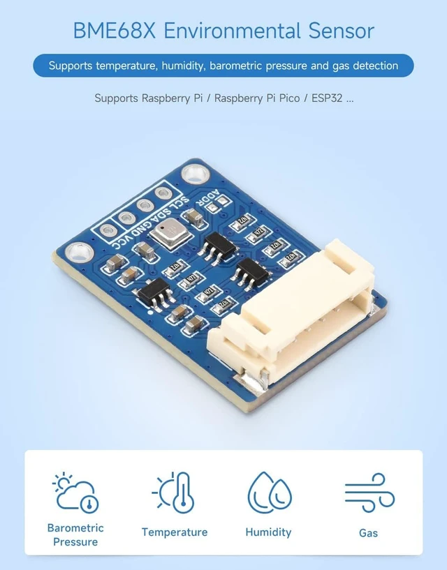 Alt view image 3 of 7 - Waveshare BME680 Environmental Sensor, Compatible with Raspberry Pi 5/4B/3B/Zero/Zero W/Zero 2W/Pico/Pico W/Pico WH, Supports Temperature/Humidity/Barometric Pressure/Gas Detection