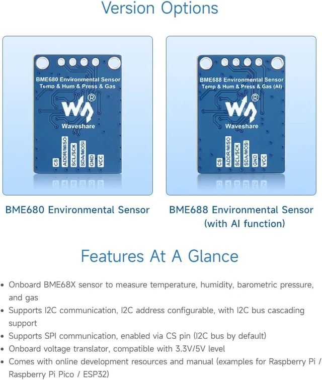 Alt view image 4 of 7 - Waveshare BME680 Environmental Sensor, Compatible with Raspberry Pi 5/4B/3B/Zero/Zero W/Zero 2W/Pico/Pico W/Pico WH, Supports Temperature/Humidity/Barometric Pressure/Gas Detection