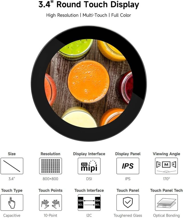 Alt view image 3 of 7 - waveshare 3.4inch DSI LCD Compatible with Raspberry Pi 5/4B/3B+/3A+, CM3/3+/4, Circle Touch Display, 800×800 Resolution, IPS, 10-Point Touch