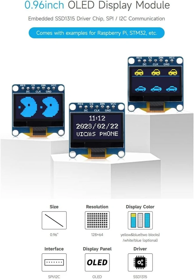 Alt view image 3 of 7 - Waveshare 0.96inch OLED Display Module, 128×64 Resolution, SPI / I2C Communication, White Version