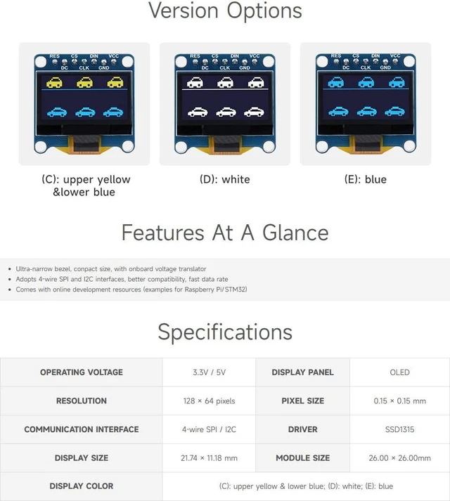 Alt view image 4 of 7 - Waveshare 0.96inch OLED Display Module, 128×64 Resolution, SPI / I2C Communication, White Version