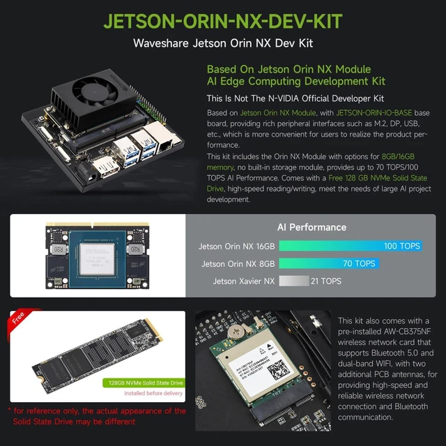 Alt view image 3 of 7 - Waveshare Jetson Orin NX AI Development Kit for Embedded and Edge Systems, with 16GB Memory Jetson Orin NX Module